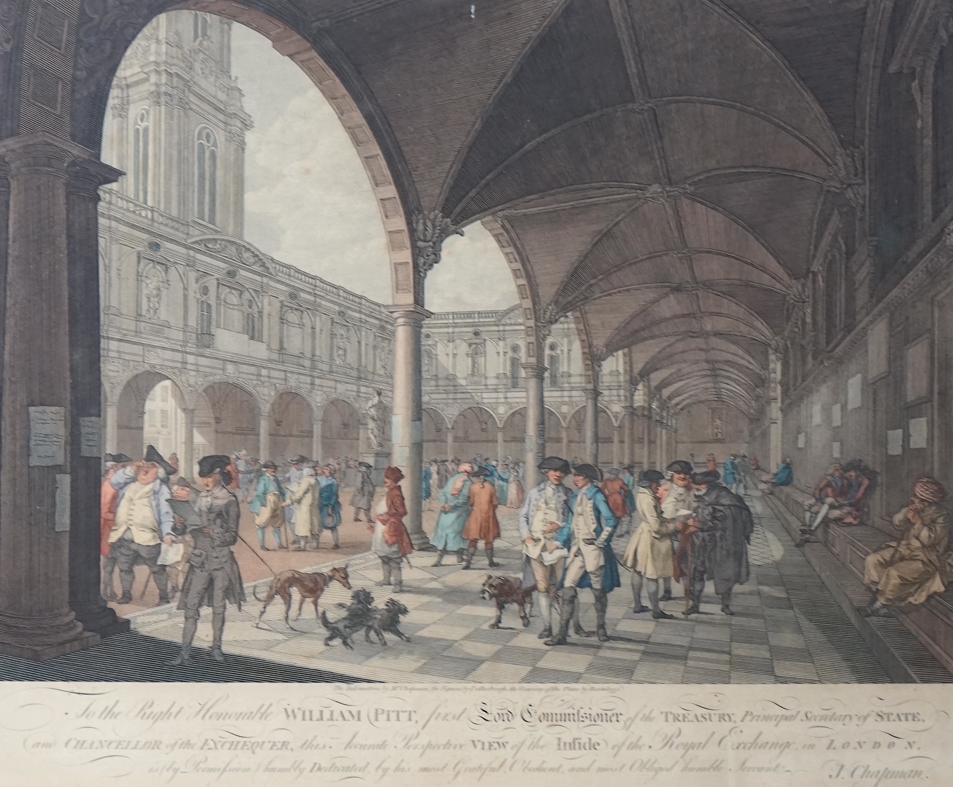 Bartolozzi after J. Chapman and Lutherburgh, An accurate perspective view of the outside of the Royal Exchange in London, and View of the inside of the Royal Exchange in London, coloured engravings, a pair, overall 44 x